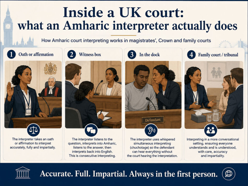 Diagram showing how an Amharic interpreter works in UK court settings, including oath or affirmation, witness box, the dock and family court or tribunal