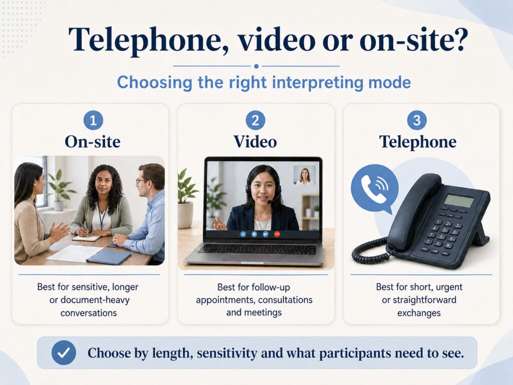 Diagram comparing telephone, video and on-site Amharic English interpreting modes
