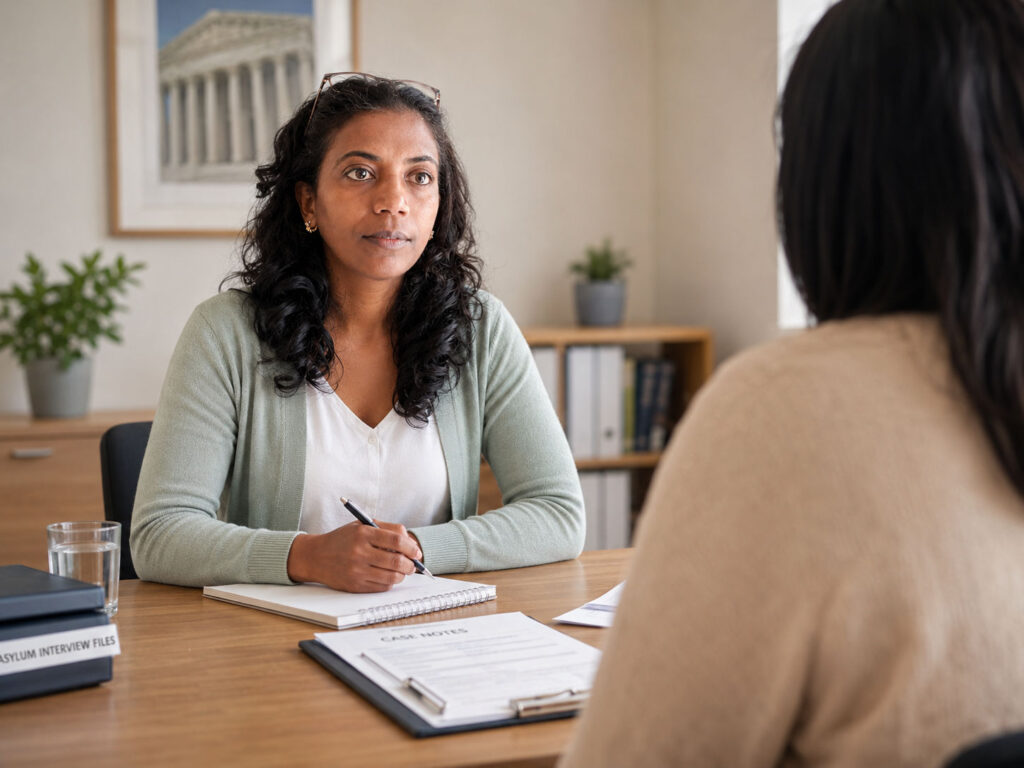 Kidest Beyene providing professional Amharic English interpreting support during an asylum interview preparation meeting