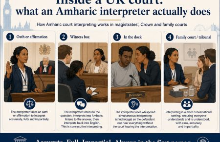 Diagram showing how an Amharic interpreter works in UK court settings, including oath or affirmation, witness box, the dock and family court or tribunal