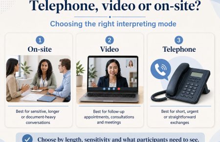 Diagram comparing telephone, video and on-site Amharic English interpreting modes