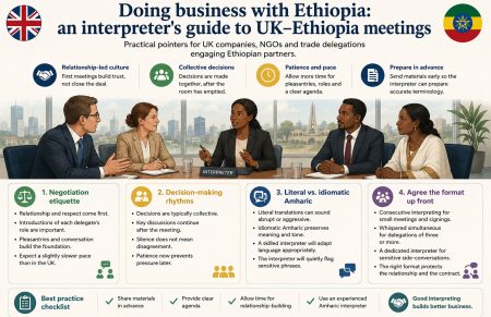 Infographic showing practical guidance for UK Ethiopia business meetings, including negotiation etiquette, decision-making, idiomatic Amharic and interpreting formats